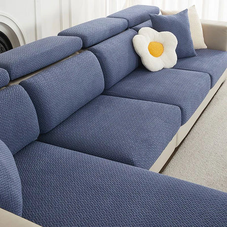 Housse de coussin extensible pour canapé velours damassé bleue marine